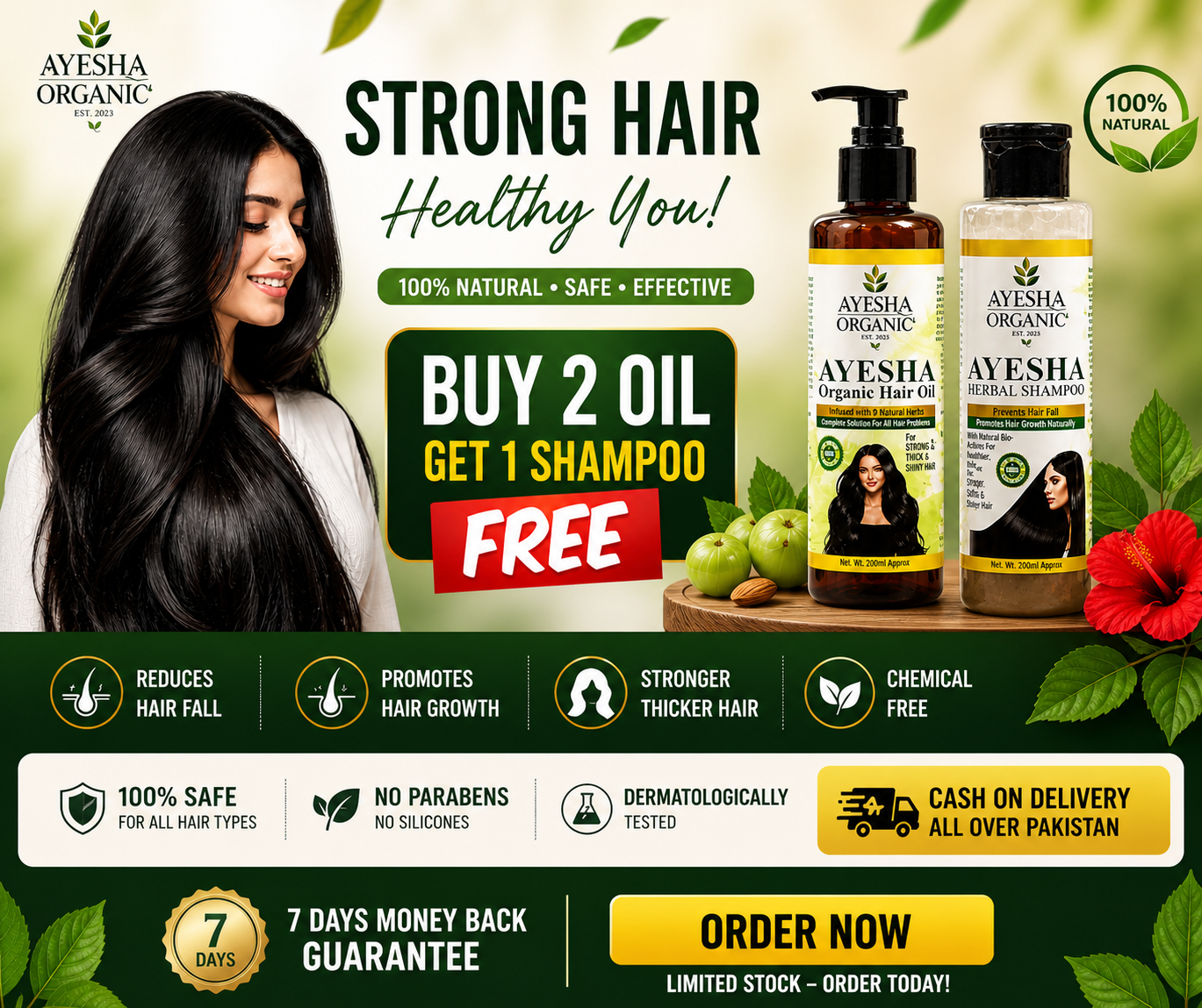 AYESHA ORGANIC HAIR OIL + SHAMPOO-( BUY 2 OIL GET 1 SHAMPOO FREE )
