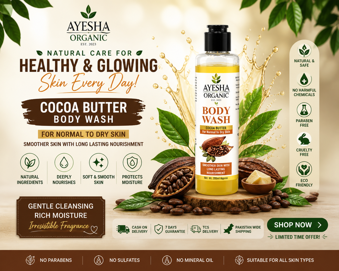 Ayesha Organic Cocoa Butter Body Wash – For Normal to Dry Skin