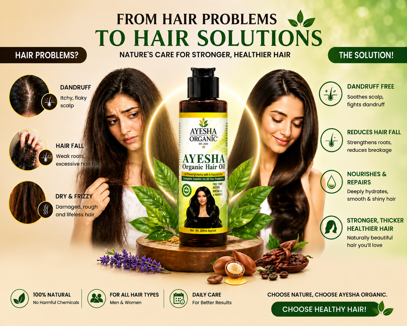 AYESHA ORGANIC HAIR OIL + SHAMPOO-( BUY 2 OIL GET 1 SHAMPOO FREE )